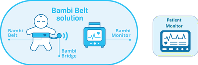 Bambi-Belt communicates wirelessly with a base station where the algorithms detect the vital signs. These signals are communicated to the patient monitor