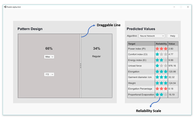 Screenshot of the working prototype. The control area in the left side allows the designer to change the proportion of special knit type and structure by dragging the line left and right. During the manipulation the values on the right will give direct feedback about the predicted feedback. By changing the algorithm in the drop-down list different predictions can be tested. The statistics give feedback about the reliability of the prediction.