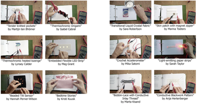 Several pages of the e-textile swatchbook